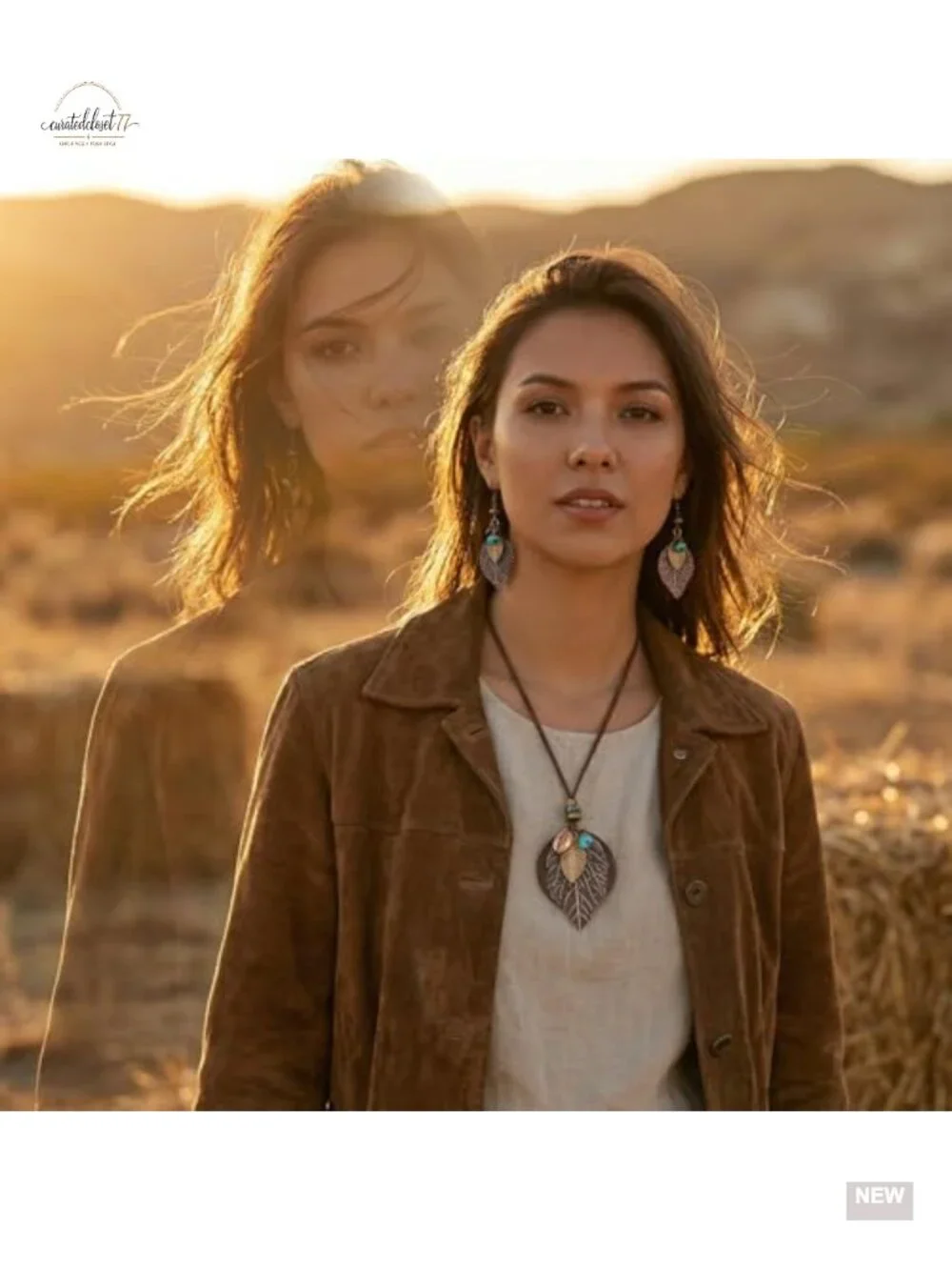 Boho Western Jewelry Set - Leaf Pendant Earrings & Necklace